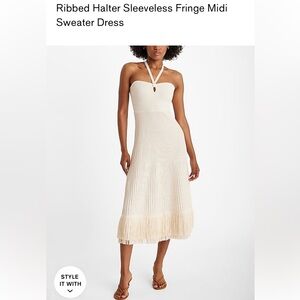 Ribbed Halter Sleeveless Fringe Midi Sweater Dress - XS